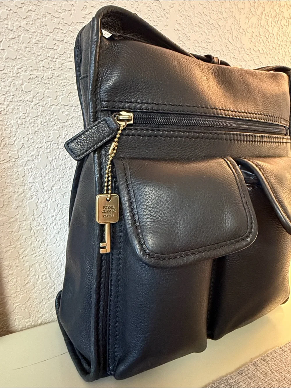 Fossil Black Leather Messenger Crossbody with Dual Front Pockets